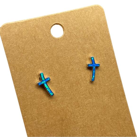 Blue Fire Opal Cross Earrings Solid 925 Sterling Silver Post Stud Pierced Gift - Picture 4 of 9